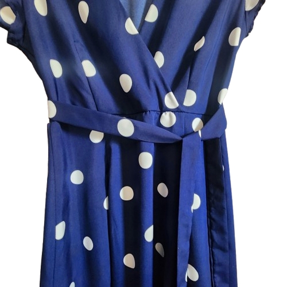 Womens M Clowncore Blue White Polka Dot Short Sleeve V-Neck Coquette Midi Dress - Picture 2 of 6